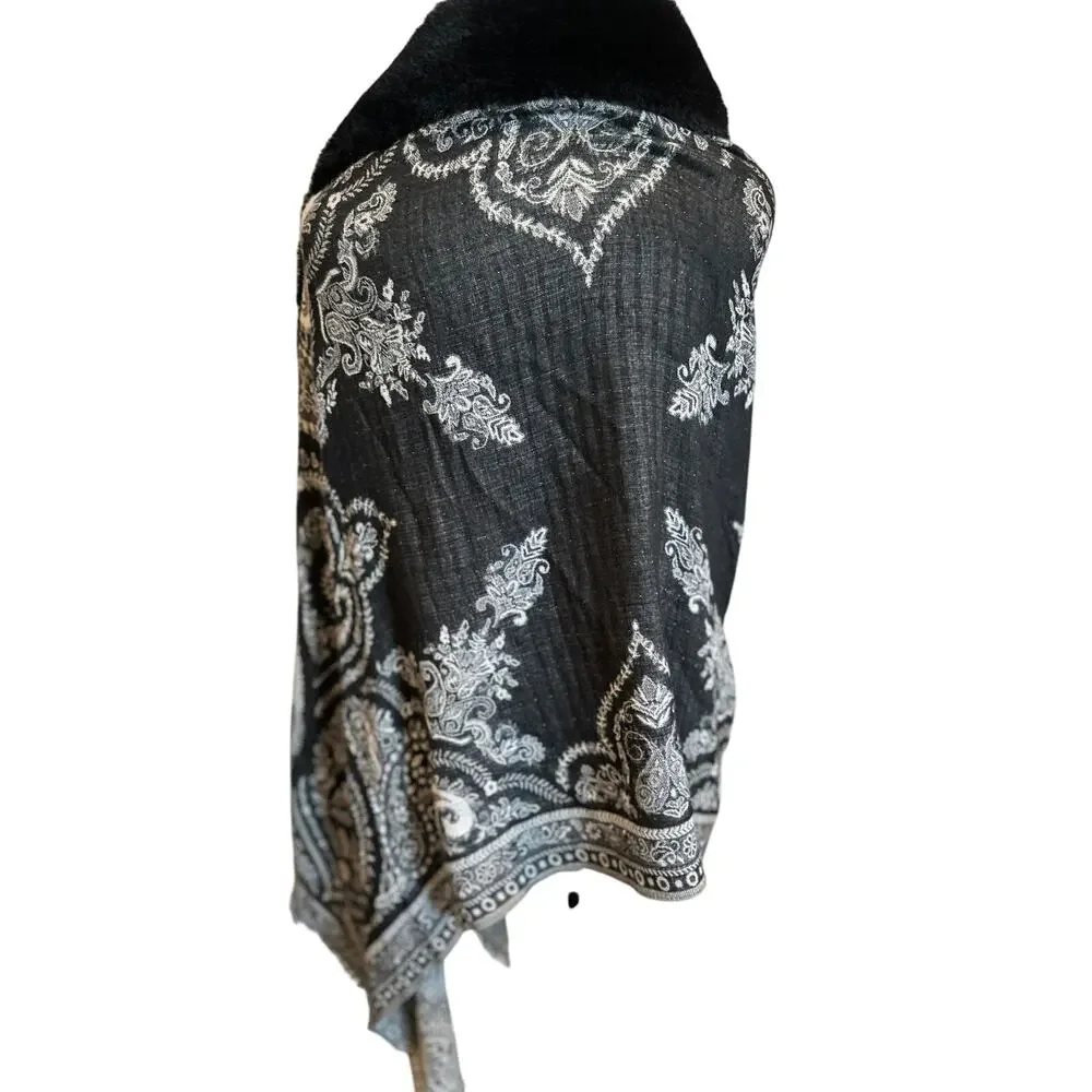 Paisley Pashmina Wrap Faux Fur Collar Black Fringe